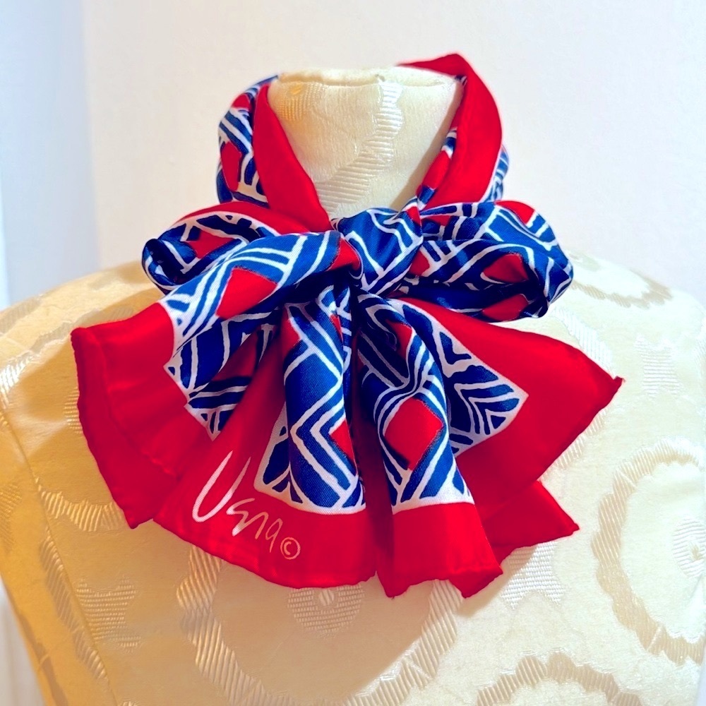 Vera Rectangular Geo Abstract Red White Blue Vintage Scarf Japan 44”x15 1/2”